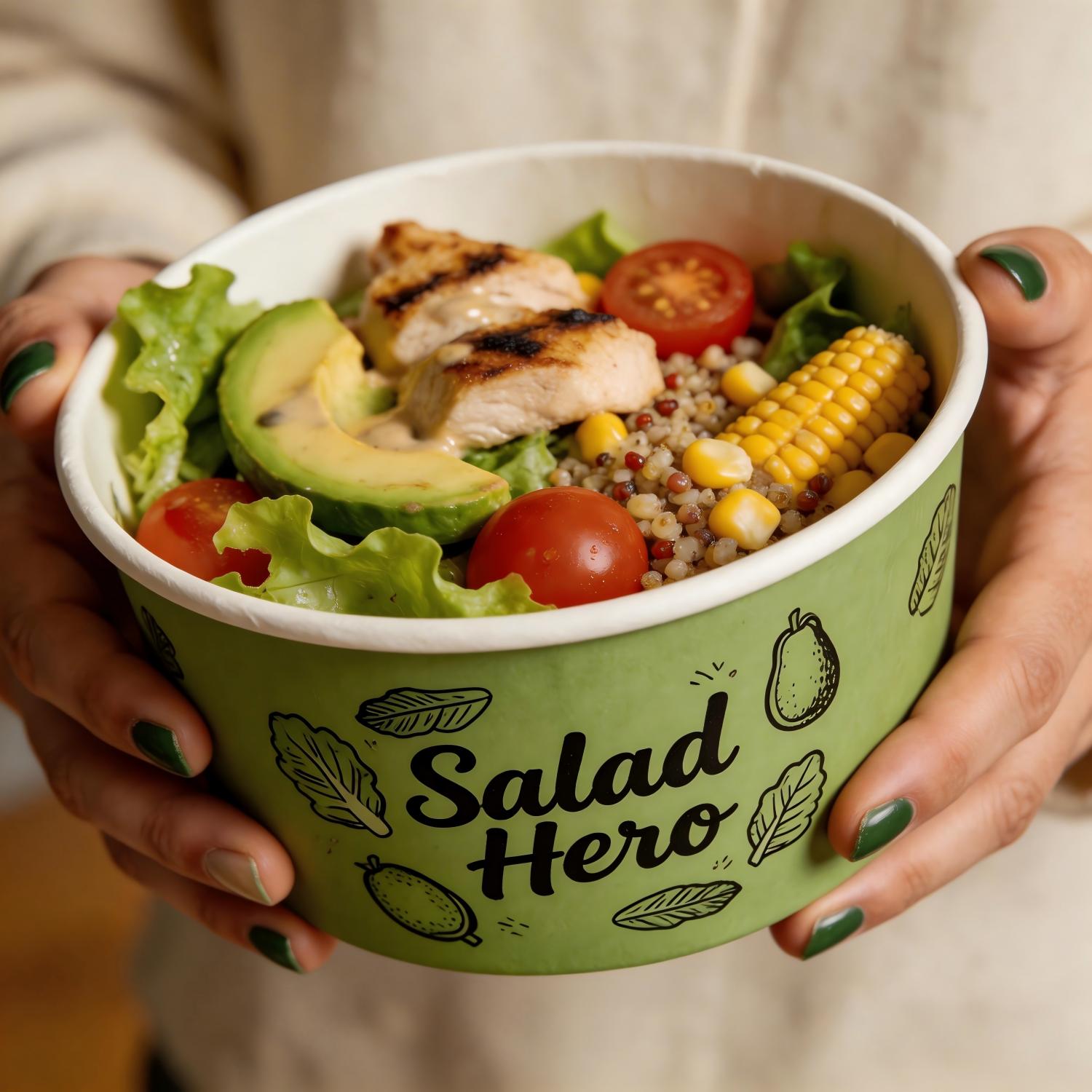 Sustainable paper bowl,500ml,750ml,1000ml and 1500ml– printed in CMYK, fully customisable with your design, ideal for takeaway.