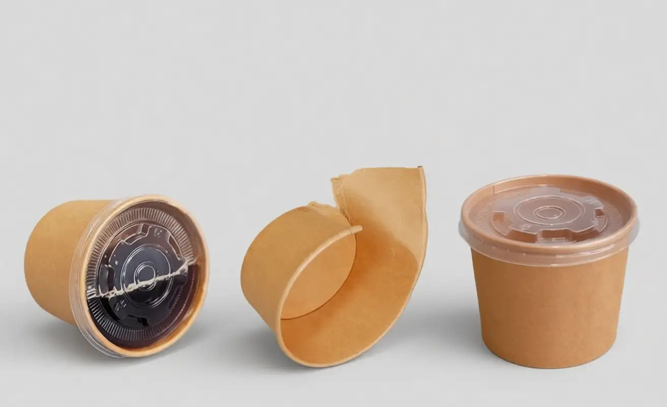 Brown paper coffee cup with a clear plastic lid and a dark liquid inside.