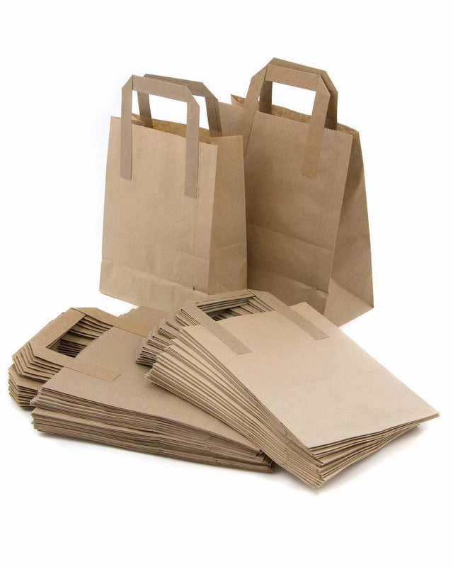 Brown krafted carrier bag, 100% recyclable, designed with sufficent load to carry mutiple food and drinks. 