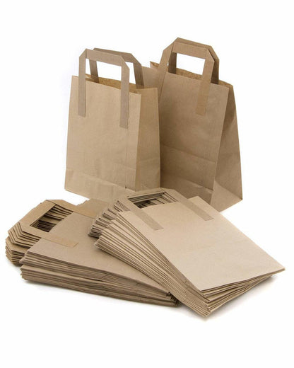 Brown krafted carrier bag, 100% recyclable, designed with sufficent load to carry mutiple food and drinks. 