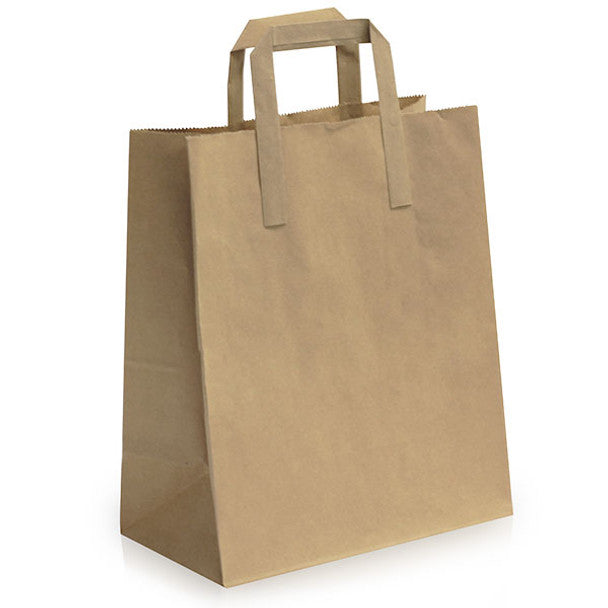 Brown kraft paper bag,100% recyclable, designed with sufficent load to carry mutiple packs of food and drinks.